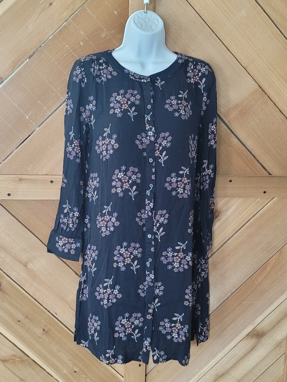 LOFT Black Floral Button-down Tunic Dress with Purple and Orange Accents